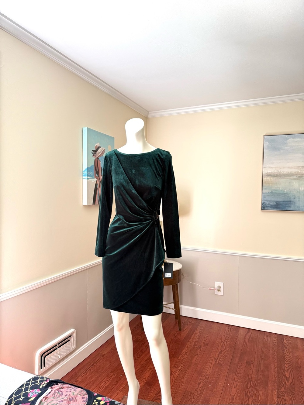 DKNY Deep Emerald/Hunter Green Velvet Long-Sleeve Draped Dress